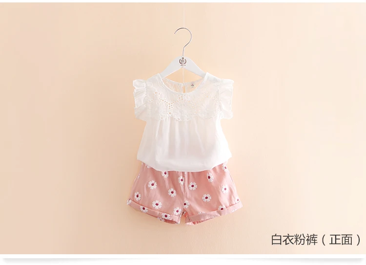 Girls Clothing Set 2018 Summer 2-10 Years Old Little Kids Girl Hollow Out Fly Sleeve T Shirt+Floral Shorts 2 Piece Suit Sets (8)