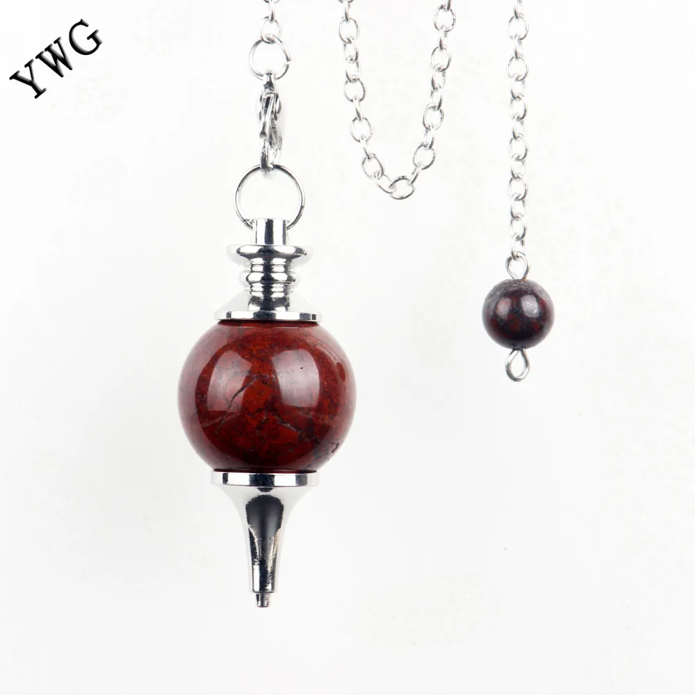 

Natural Breciated Jasper Obsidian Round Pendulum Amethyst Pendant Silver Chain Craft Decor Chakra Healing Reiki Bead Free Pouch