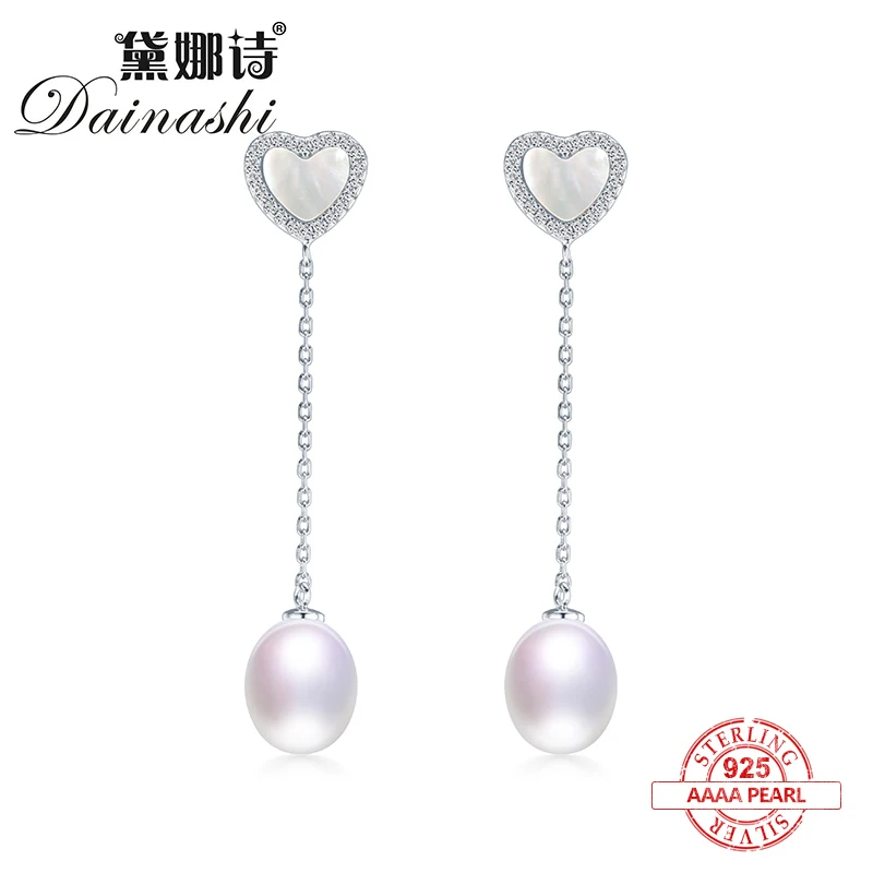 

Dainashi sweet and cute heart shape 925 sterling silver drop long fresh water pearl earrings for engagement with beautiful box