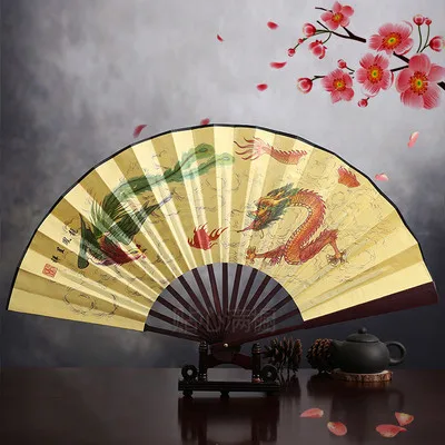 1" украшенный Шелковый складной Ручной Веер человек большой бамбуковый китайский Печатный веер из ткани традиционное ремесло свадебные сувениры веер - Цвет: Dragon phoenix