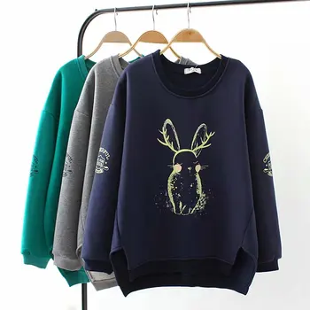 

Plus size With velvet rabbit print hoodies women sweatshirt 2018 Autumn winter gray & dark blue & green cotton ladies pullover