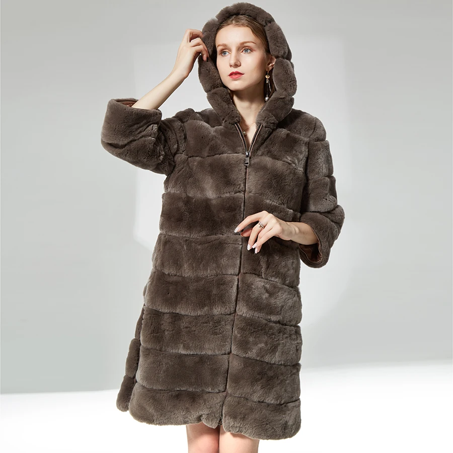 

Rabbit fur coat zipper with fur hood Thick warm soft Fur Overcoat Clothing for women natural real rex rabbit fur coat long