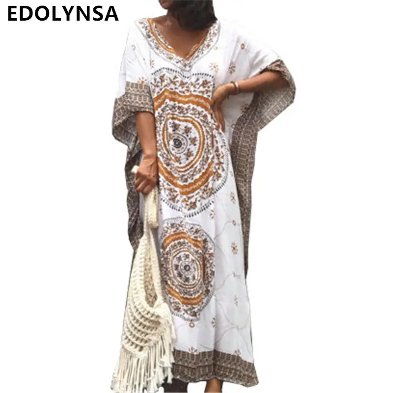 

Women Summer Beach Dress Cotton Ethnic Print Kaftan Maxi Dress 2019 Summer Loose Vintage Boho Beach Long Dress Vestidos #N393