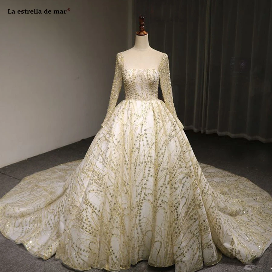 

La estrella de mar trouwjurk 2021 new sequined tulle long sleeve fluffy gold wedding dresses trailing plus size hochzeitskleid