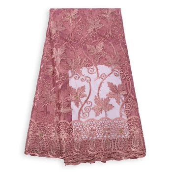 

New Dust Pink African Tulle Lace Fabric Hot-Fix Flower Embroidery French Net Lace Dress 5 Yards Rhinestone Nigerian Lace Fabric