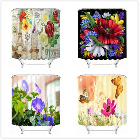 

New 3D Shower Curtains Bathroom Products Green and Green Big Flower Bathroom Curtain Waterproof Bath Curtain with 12pcs Hooks