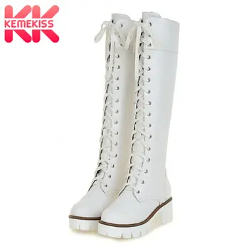 

KemeKiss Size 34-43 Women Long Boots Lace Up Platform Thick Heels Woman Shoes Fashion Vinatge Long Botas Ladies Footwear