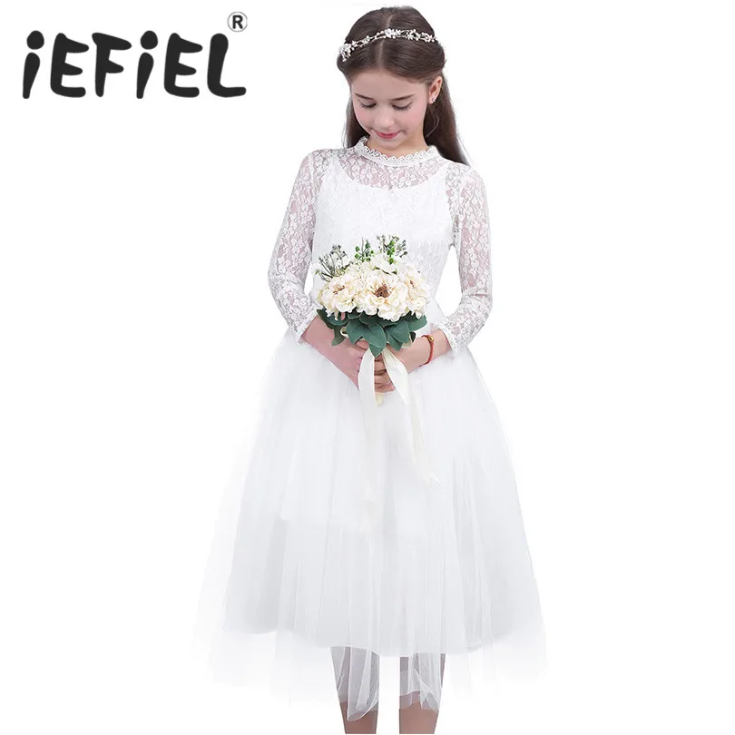 Кружевное Сетчатое платье с длинными рукавами и цветочным узором для девочек от 4 до 14 лет, цвет белый, слоновой кости платье принцессы для торжеств, свадьбы, дня рождения, подружки невесты