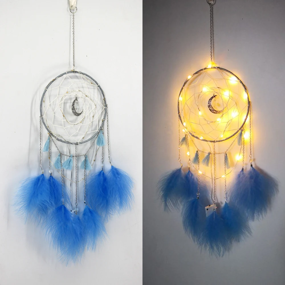 Dream Catcher DIY Home decoration Handmade led Lighting Moon Design Feather Craft Hanging Dream Catcher for Kids girls room Gift