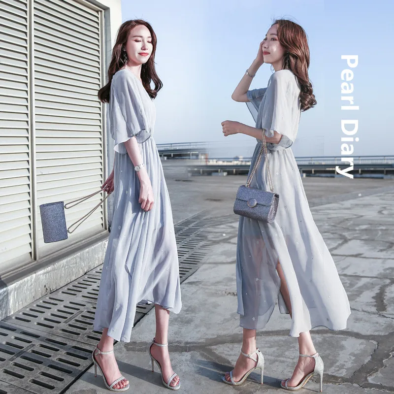 

Fashionable cool wind embroidery long-style dress for women's wear 2018 shows a long chiffon dress with thin broken flowers 6021