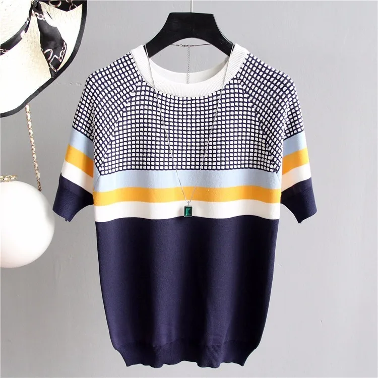 Patchwork short sleeve sweater women knitted pullover Korean fashion slim sweaters summer and autumn new arrival - Цвет: Dark blue