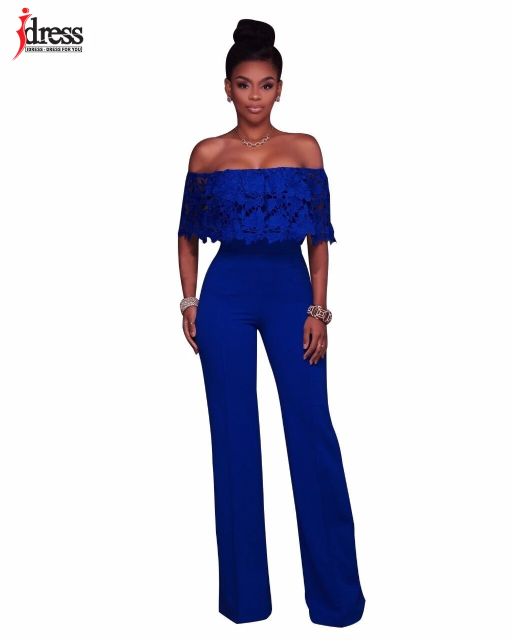 IDress Lace Crochet Rompers Women Jumpsuit Sexy Strapless Bodycon Jumpsuit Wide Leg Black White Yellow Long Pant Romper Overalls (5)