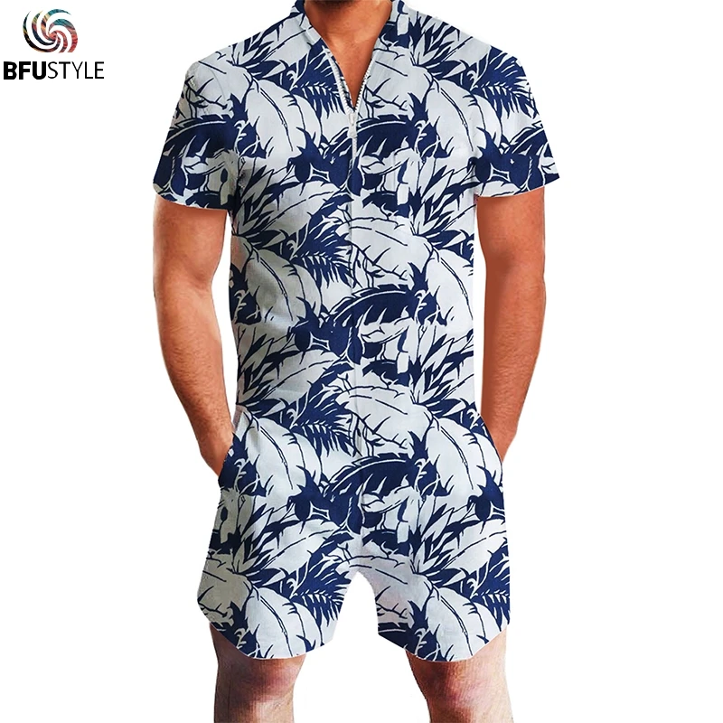 One Piece Mens Casual Funny Printed Romper Playsuit Zipper Short Sleeve