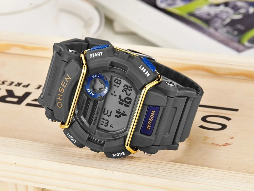 Известный бренд OHSEN цифровые электронные мужские наручные часы силиконовый ремешок Синий водонепроницаемый ЖК-дисплей Спорт на открытом воздухе Часы мужские ручные часы