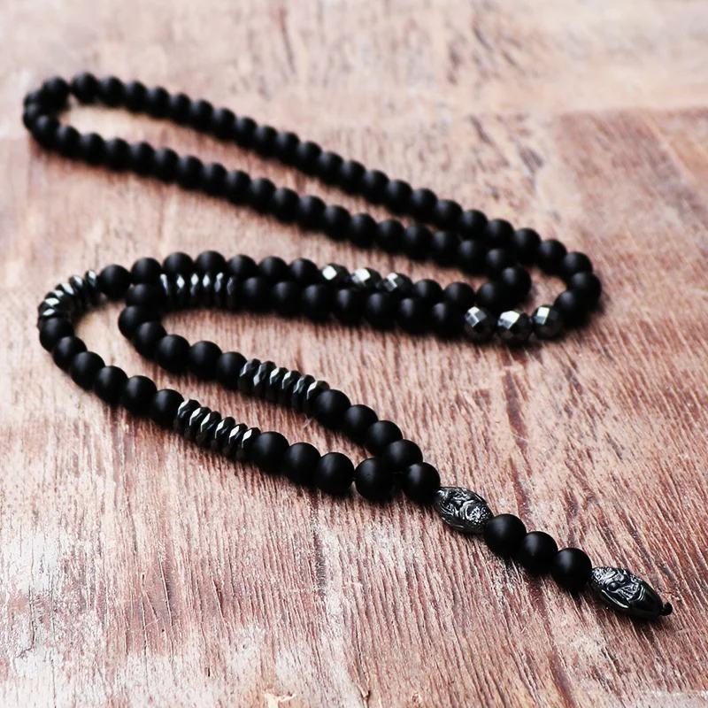 2018 Men Mala Necklace Black Matte Stone Beads With Gun Black Hematite Carving Bead Pendant