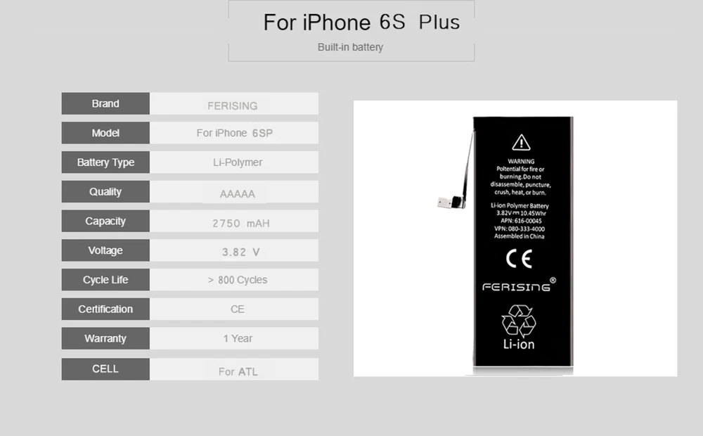 FERISING, аккумулятор для телефона iPhone X, 6 P, 6SP, 7 P, 8 P, емкость, батарея для ремонта, 0 циклов, сменные батареи, 6, 7, 8 PLus