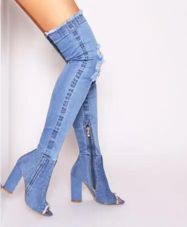 

Carpaton Fashion New Ladies Denim pointed and peep toe thick heel long boots side zipper super high heel boots sexy shoes