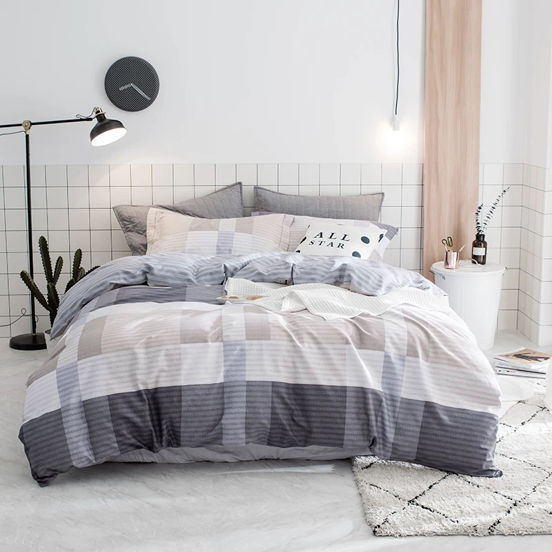 

Fashion lattice stripe 100% Cotton Bedding Set Printed Duvet cover set Bed Sheet Fitted Sheet Pillowcases Queen King size 4Pcs