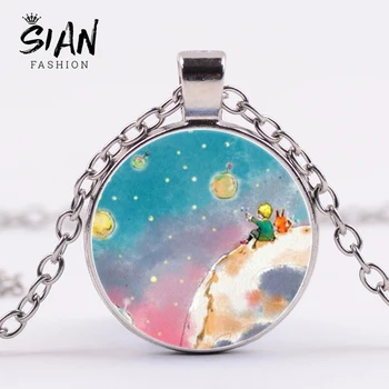 

SIAN Classic The Little Prince Crystal Glass Cabochon Pendant Necklace Little Prince Fox Rose Cartoon Necklace Fairy Tale Series