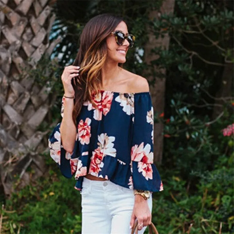 Hot Sale 2017 Spring Summer New font b Women b font Top Fashion Flowers Print Chiffon
