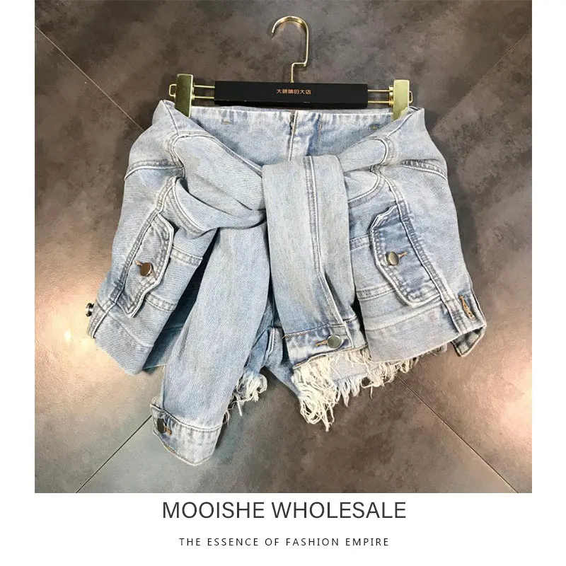 

2019 summer new fashion fake two-piece with sleeves waist shaved casual denim shorts women