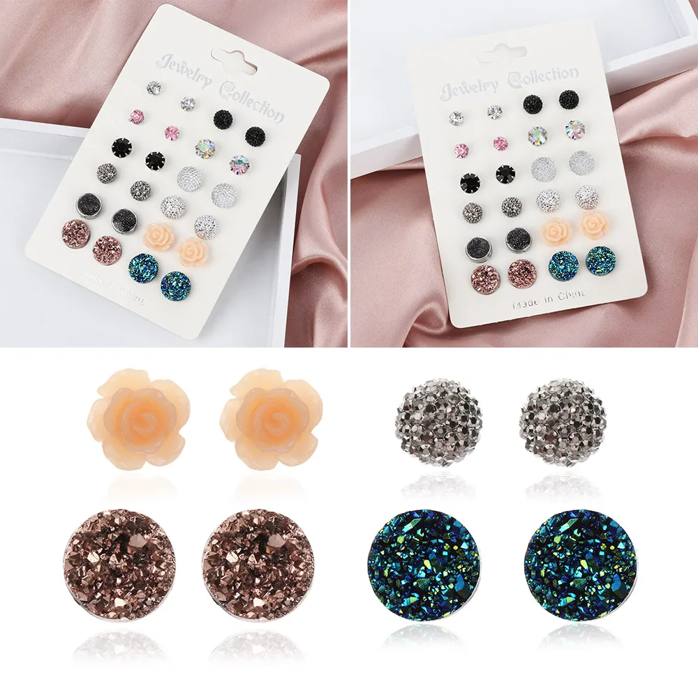 

12 pair/set Rainbow Crystal Zircon Stud Earrings Fashion Women Gift for Women Piercing Metal Ball Flower Earrings Jewelry