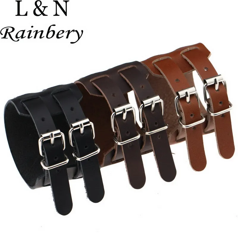 Rainbery 2016 Fashion New Punk Rock New Layer 2 Belt Men Genuine Cow Leather Bracelet 2 Wristband Buckle Cuff Bangle Hot Sale