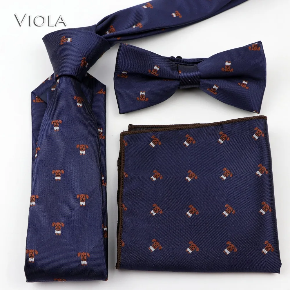 Lovely Corgi Teddy Doggy Jacquard Neck Tie Set 6cm Men Tie Butterfly Business Bowtie Hankie Pocket Square Accessory Gift