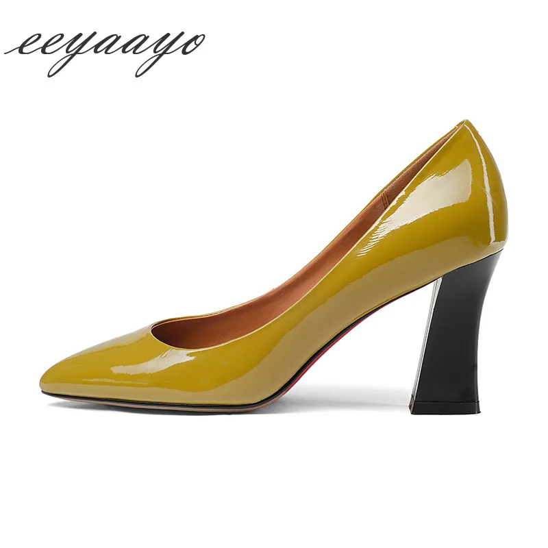 

2019 New Genuine Leather Spring Women Pumps High Square Heels Pointed Toe Sexy Ladies Women Cow Leather Shoes Yellow High Heel