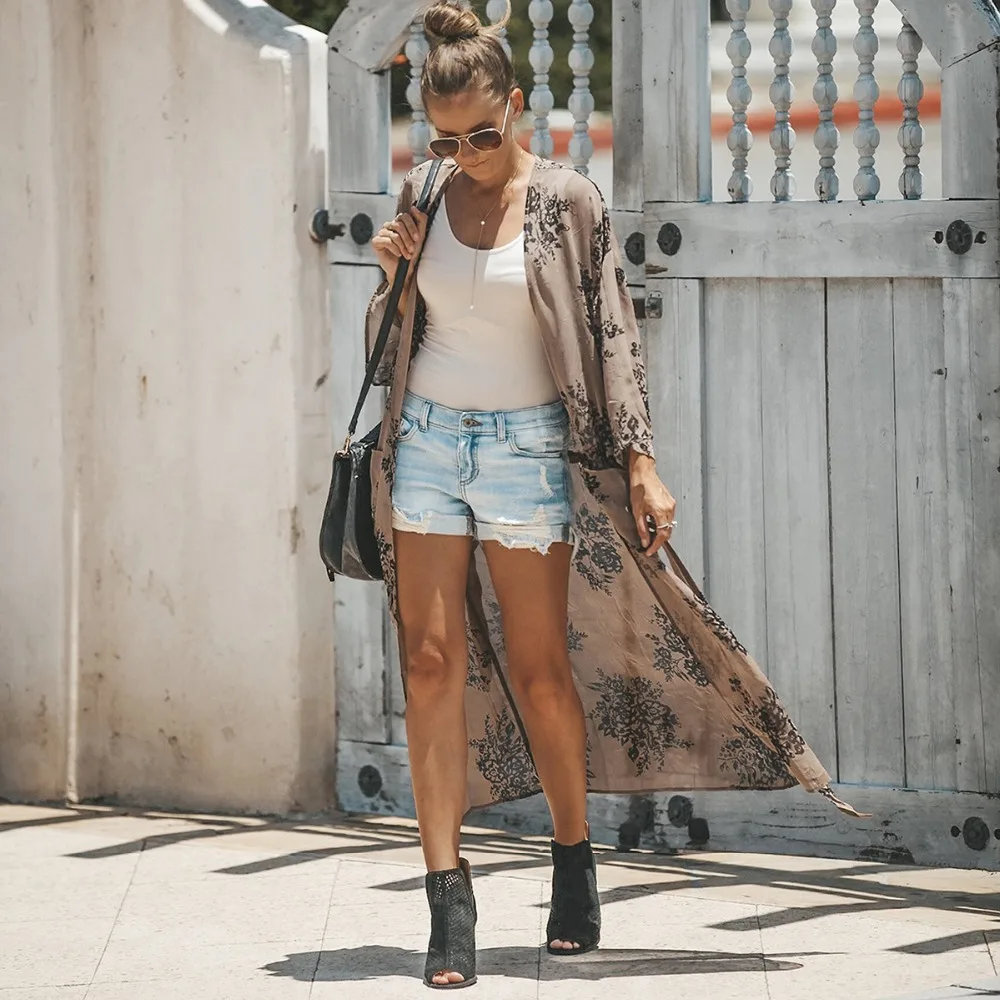 Kimono Cardigan Women Long Sleeve Floral Print Chiffon Loose Shawl Tops Cover up Blouse Long Beach Cover Up Tops Casual Outwear