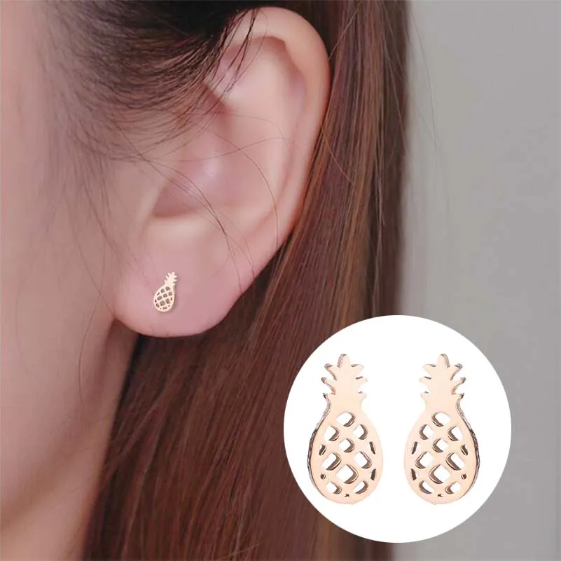 Yiustar Mini Unique Pineapple Earrings Studs for Women Rose Gold Stainless Steel Earring Jewelries Charms Fancy Fruit Earing