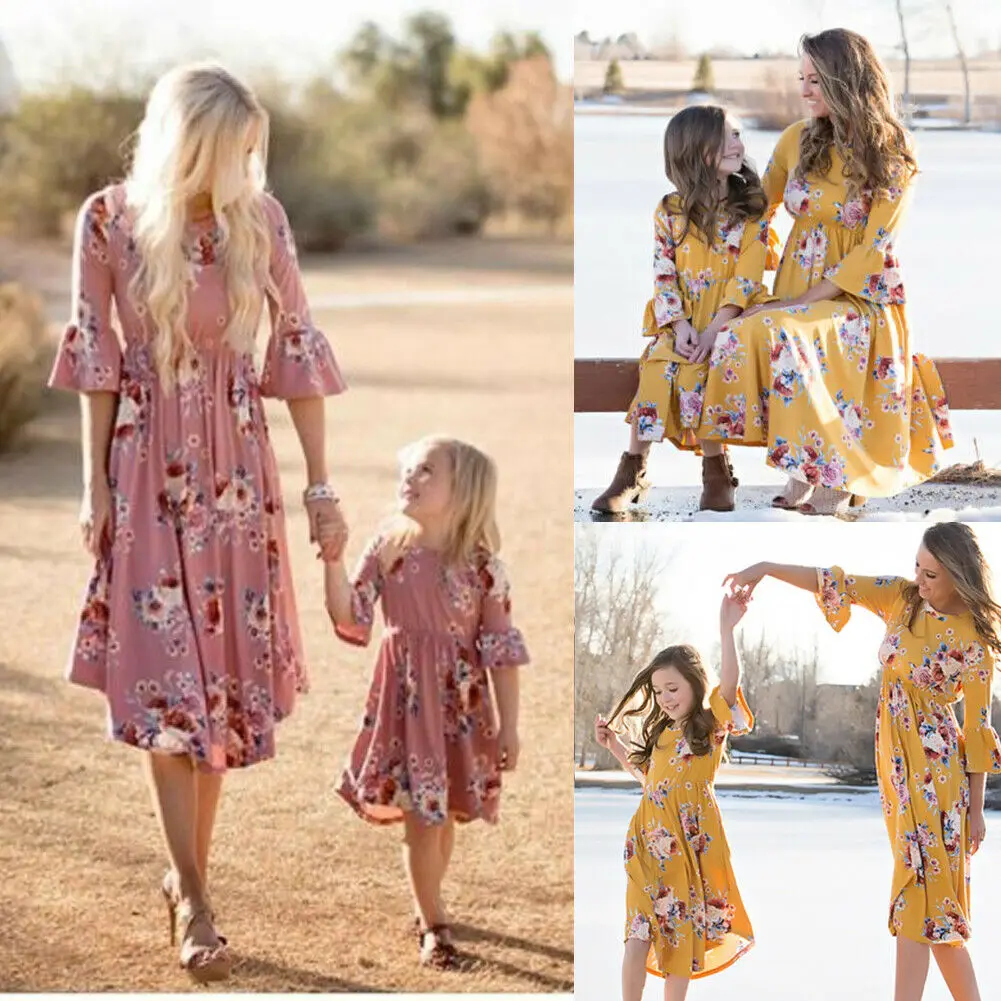 

Family Matching Mother Daughter Outfits Half Sleeve Floral Dress Summer Causal Women Kids Girl Beach Dresses