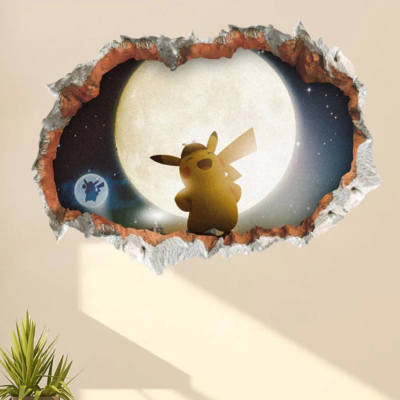 

% 3D Pikachu Detective Film Wall Hole Stickers Kids Rooms Home Decor Living Room Decoration PVC Mural Wall Self Adhesive Decal