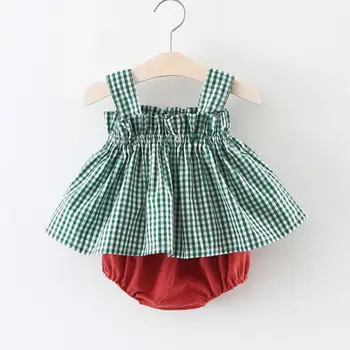 

Girls Summer Set Baby Shirts+pp Pants Baby Plaid Dress Summer Vest Shirt with Shorts Lantern pants Set Children Clothes Fashion