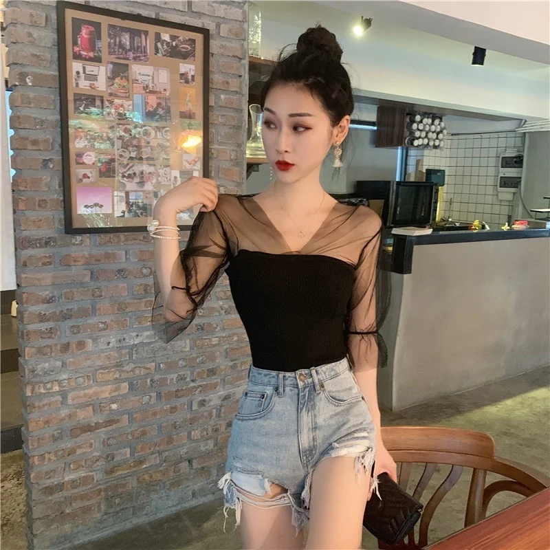 

T Shirt Women Slim Knitting T Shirt Top Stitching Mesh Lantern Sleeves Short Sleeve T-shirt Women's T-shirt