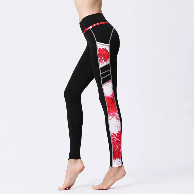 Side Flower Print Women Patchwork Leggings Packet Design Fitness