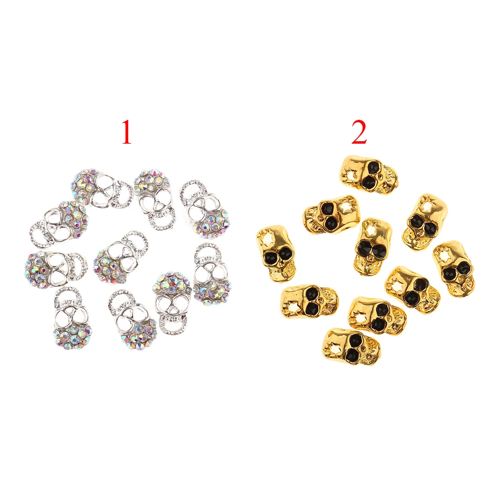 10x Skull Alloy 3D Rhinestone Crystal Nail Tips Stickers Metal Skull Glitter Nail Art Decoration Jewelry