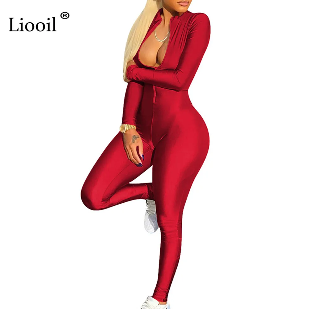 

Liooil Long Sleeve Rompers Womens Jumpsuit Spring Turtleneck Zipper Skinny Women Workout Jumpsuits Spandex Sexy Female Overalls