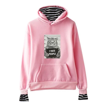 

I Hate People Long Sleeve Hooded Casual Sweatshirt Print Stripe Fake Two-piece Unisex Fashion Couple Decorative Pocket Top