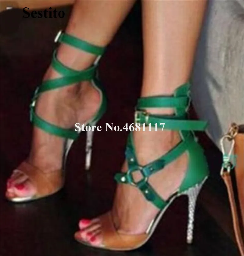 

Summer Hot Selling Women Fashion Open Toe Green Patchwork Snake Stiletto Heel Gladiator Sandals Ankle Straps High Heel Sandals