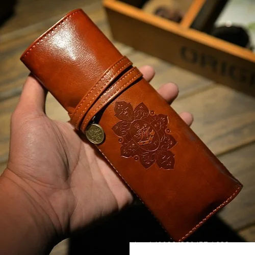

Mercii Rollup Pencil Case Vintage Carving Gravure Style Pen Pocket Pencil Bag- PU Leather Pen Bag 3 Layers Fold Great Quality