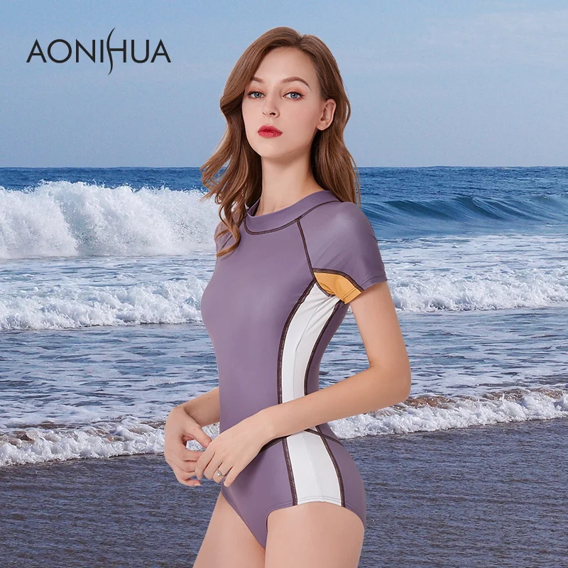 Женский спортивный купальник AONIHUA пляжная одежда с коротким рукавом фиолетовый