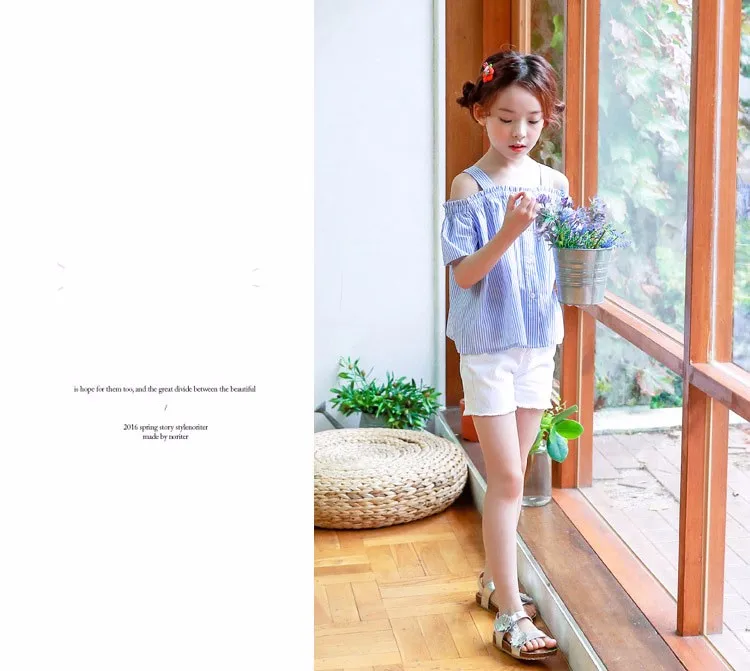 blue striped baby teenage girls shirts princess off shoulder loose cute teenage shirts Korean style spring summer autumn tops (25)