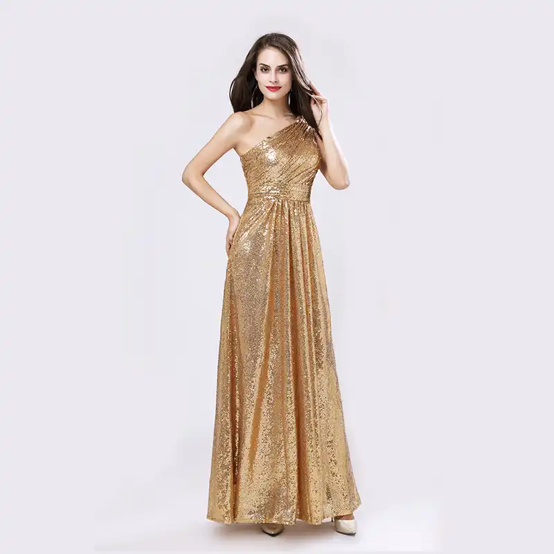 Bridesmaid Dresses Rose Gold Sequined Women Floor Length A Line One Shoulder Wedding Guest Party Gown Formal Vestido Sld421