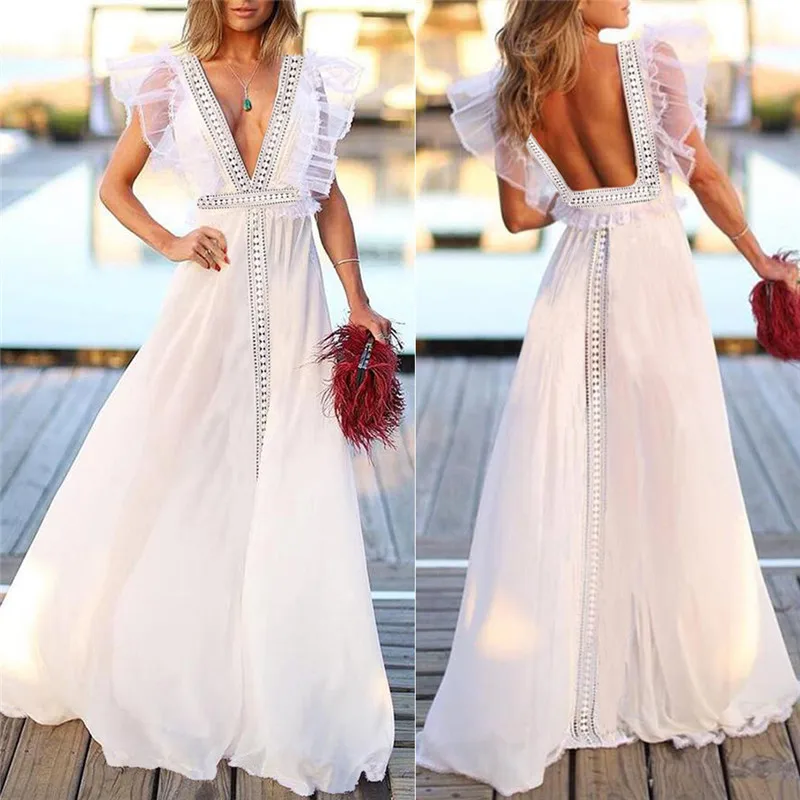 

Womens Summer 2019 New Solid white Deep V-Neck Boho Floral Sleeveless Slim Long Beach African Clothing Sun Dress