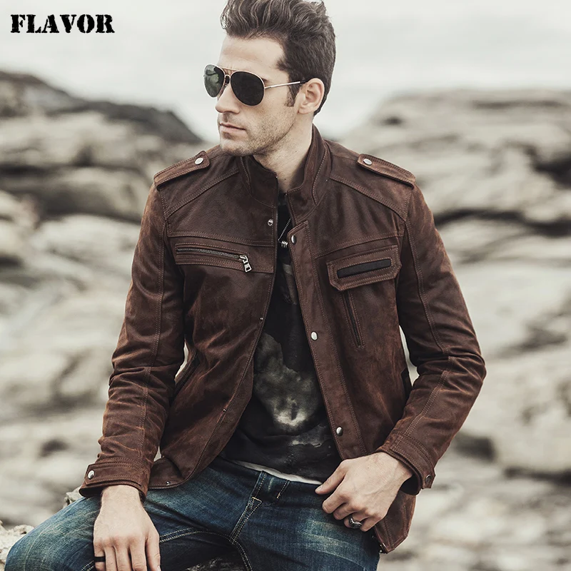

FLAVOR 2017 NEW Winter Men's Motorcycle Genuine leather jacket male Retro Real leather jacket