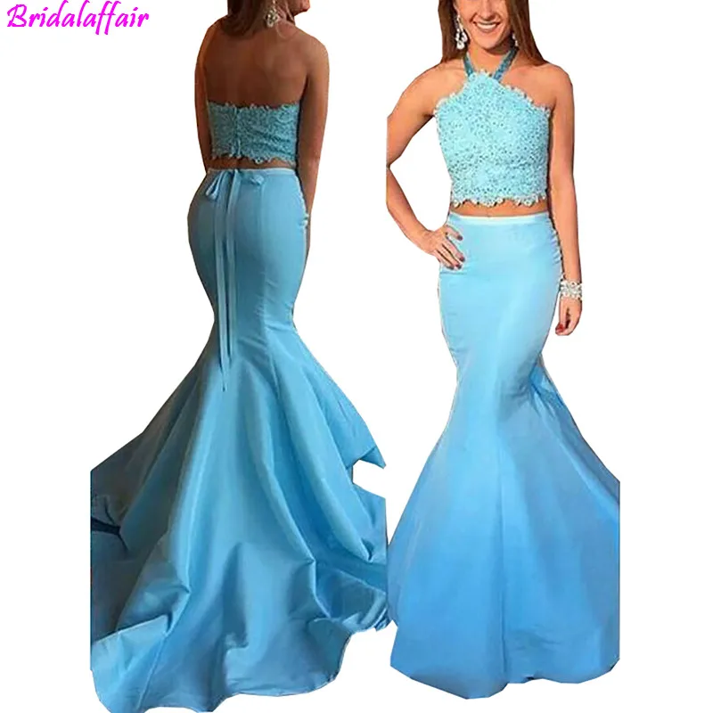 

Mermaid Prom Dresses Sexy Satin Lace Backless Button Halter Neck Two Pieces Sash Bow Applique Sweep train Plus Size Evening Gown