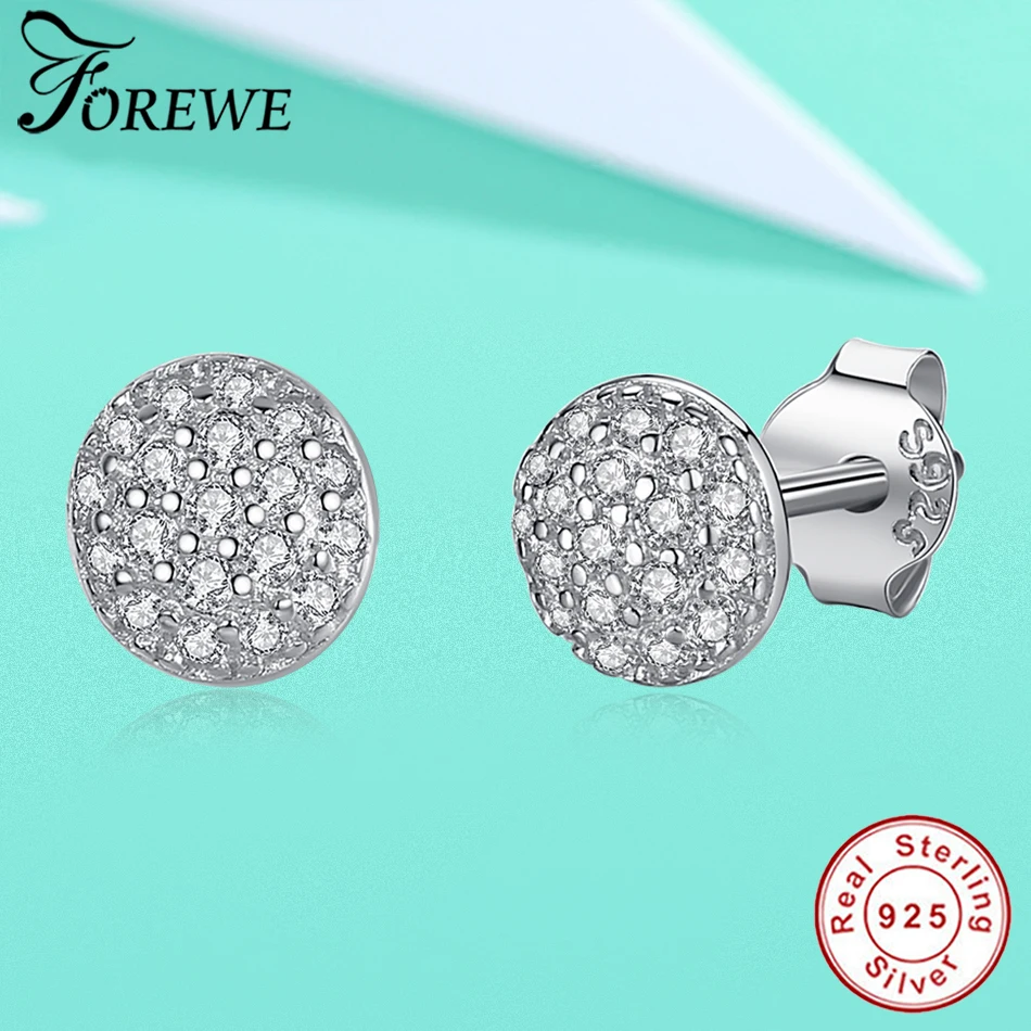 FOREWE Pure 925 Серебряные серьги-гвоздики для женщин маленькие круглые хрустальные серьги для свадьбы и Помолвки женские модные ювелирные