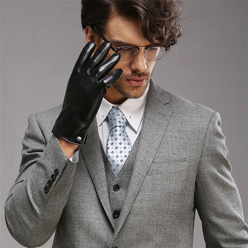 2019 New Men's Genuine Leather Gloves Male Autumn Winter Plush Lined Lambskin Leather Gloves For Driving M001NC-1