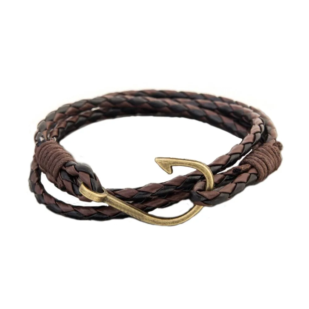 

Fish Hook Leather Wrap Braided Bracelet with Hope Punk Fish Clasp Bracelet for Men